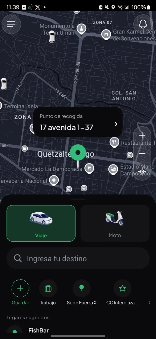 App de Rider mostrando un viaje en Quetzaltenango