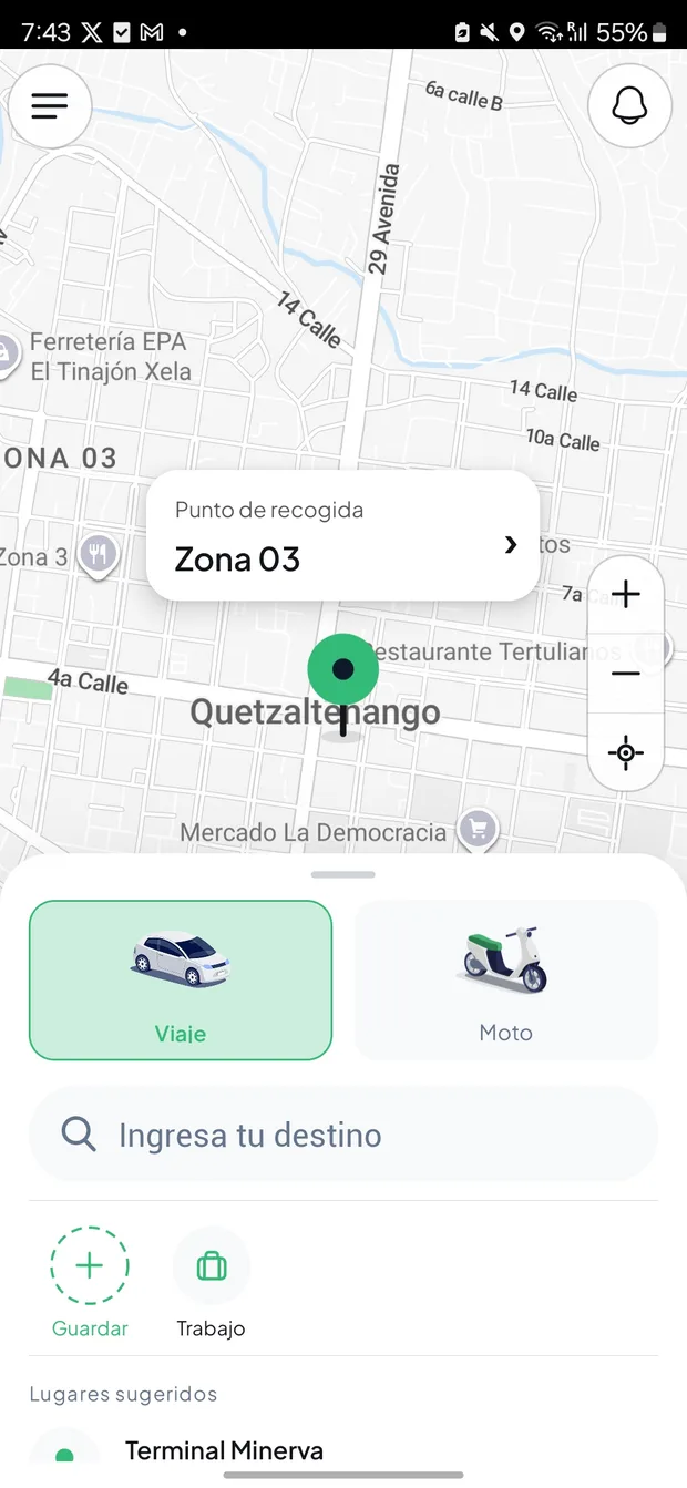 App de Rider mostrando un viaje en Quetzaltenango