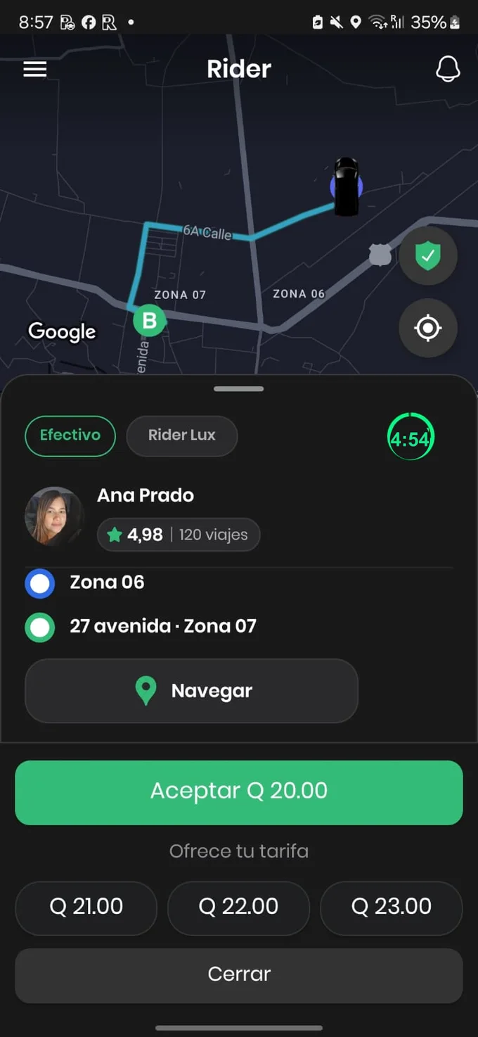Pantalla de la app Rider: ofrecé tu propia tarifa para el viaje
